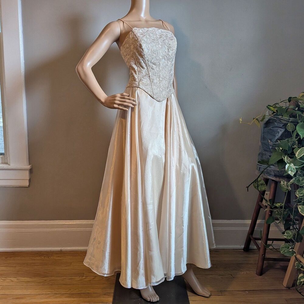 Vintage 90s Aspeed Ivory Prom Gown Filigree Maxi Dress Corset Size 11/12